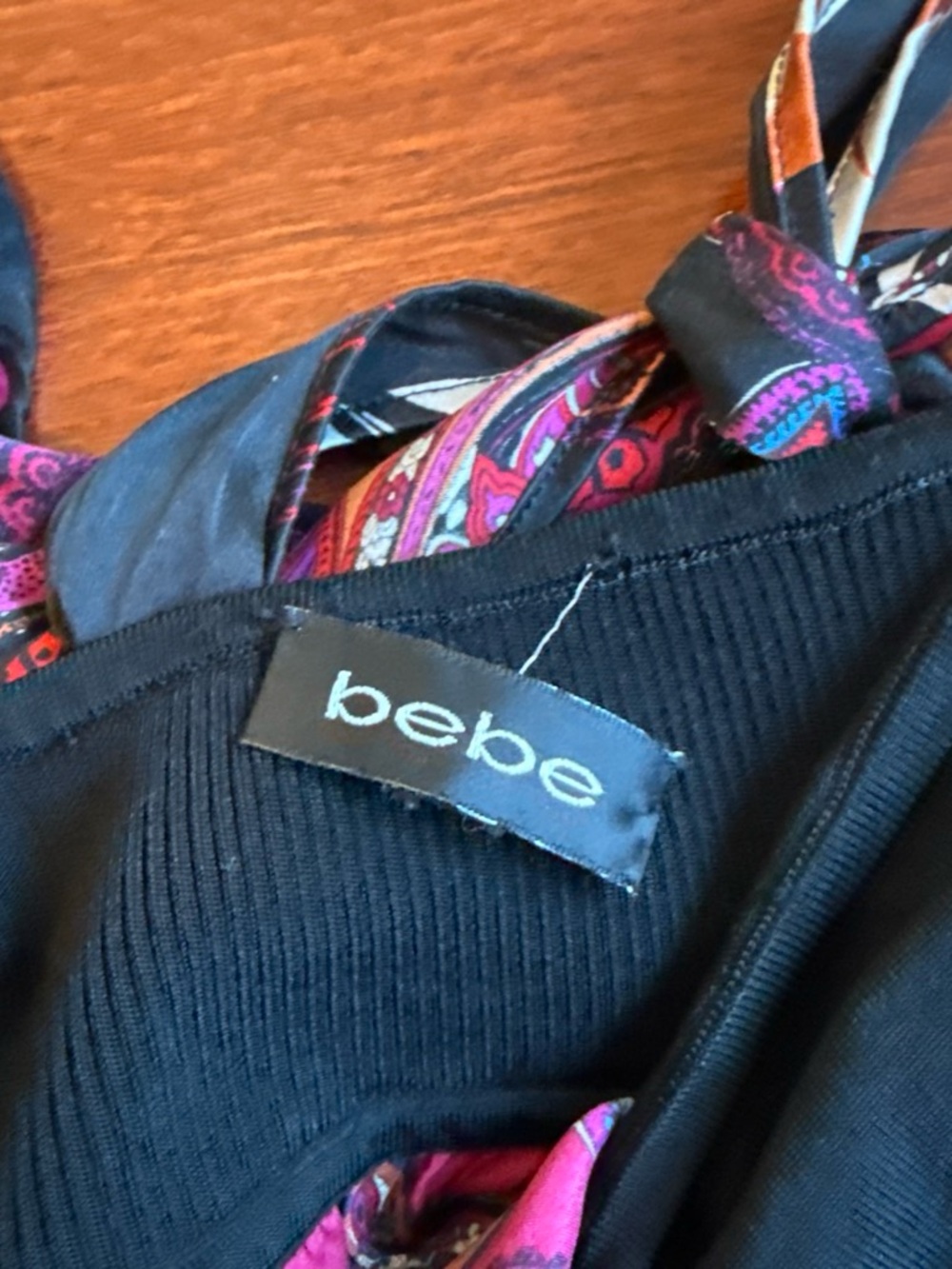 bebe Y2K Silk Paisley Halter Top Small Black Pink Ruched Bust - Picture 3 of 6